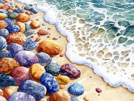 Colorful stones on the beach. Watercolor illustration for your designの素材