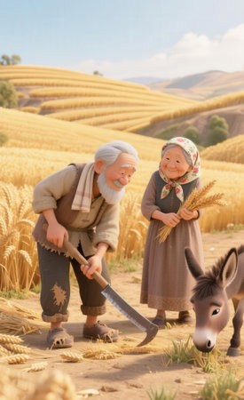 Elderly couple and donkey in the wheat field at harvest timeの素材