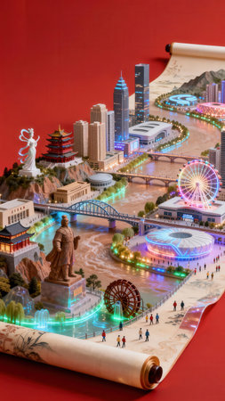 Miniature model of the cityscape at Expo, universal exposition on the theme of food in Milan.の素材