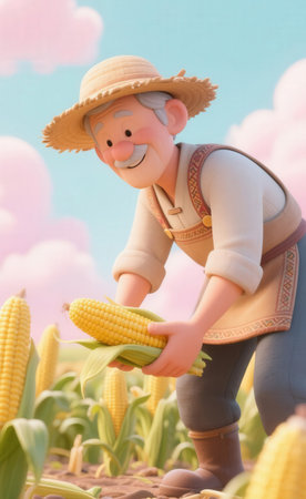 farmer with corn on the field in summer, agricultural concept.の素材