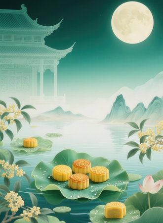 Mid Autumn Festival moon cake and Lotus flower, full moon background.の素材