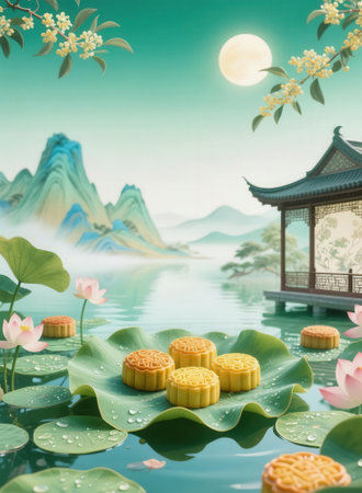Mooncake on the lake and mountain background, 3D rendering.の素材