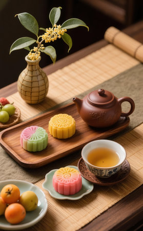 Moon cake - Chinese dessert with tea and teapot on tableの素材