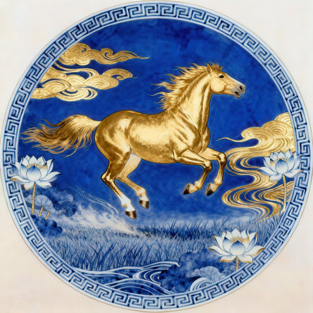 The image of a horse on a background of blue and gold patternsの素材