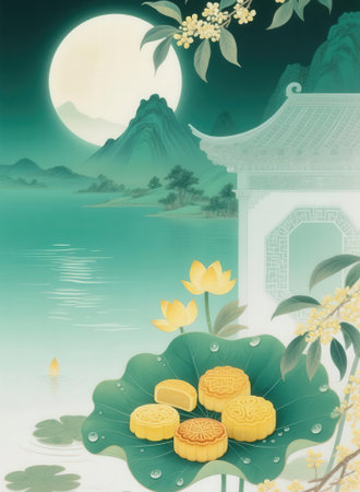 Mid-Autumn Festival, mooncake and mountain background with moonの素材