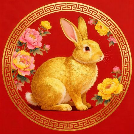 Rabbit and flowers on the red background. Chinese New Year.の素材