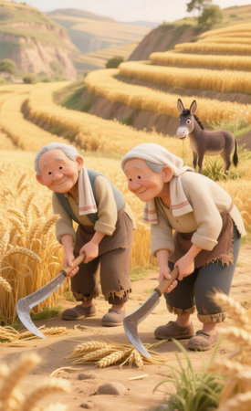 Old farmer and his son working in the rice field, Thailand.の素材