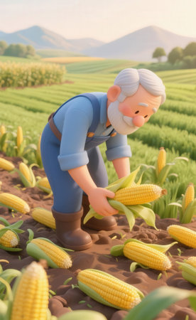 3d render of old farmer with corn on the field in summerの素材