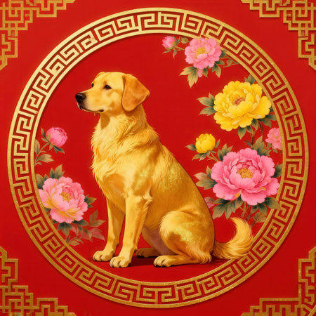 Golden retriever dog on a red background with chinese elements.の素材