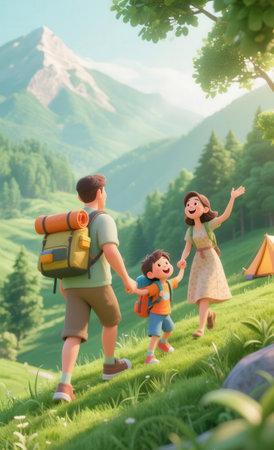 happy family travel with backpack and tent on green meadow in mountainsの素材