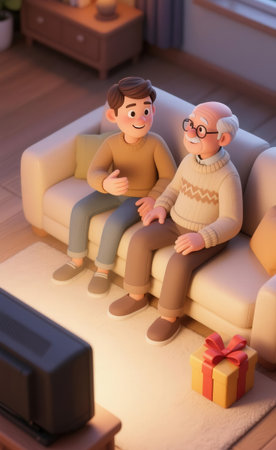 father and son sitting on sofa in living room with gift box.の素材