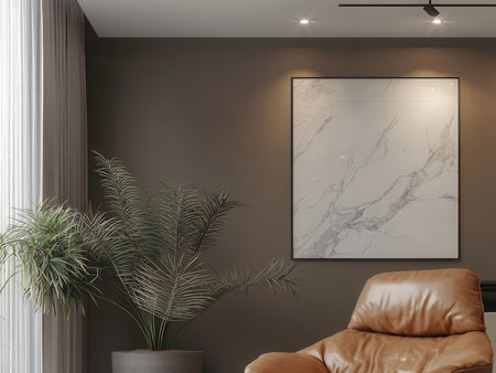 Living room interior with beige sofa, plant and mirror. 3d renderの素材