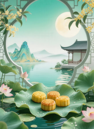 Mooncake on the pond with moon and mountain background, Chinese mid autumn festivalの素材