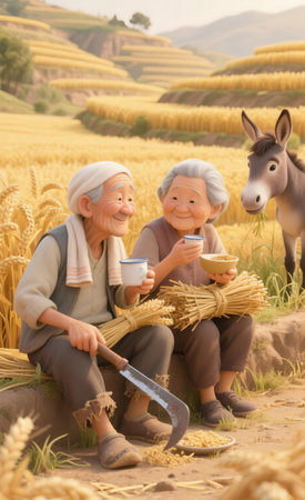 Happy asian senior couple in rice field with donkey and muleの素材