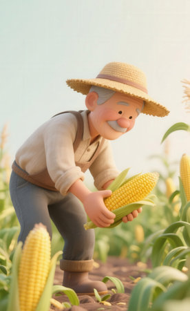 Senior farmer standing in corn field and holding corncob in handの素材
