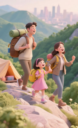 Happy family hiking in the mountains, Traveling with kids concept.の素材