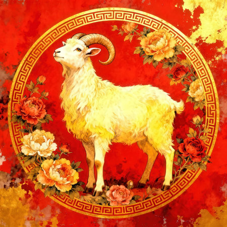 Sheep on a red background with flowers. Watercolor painting.の素材