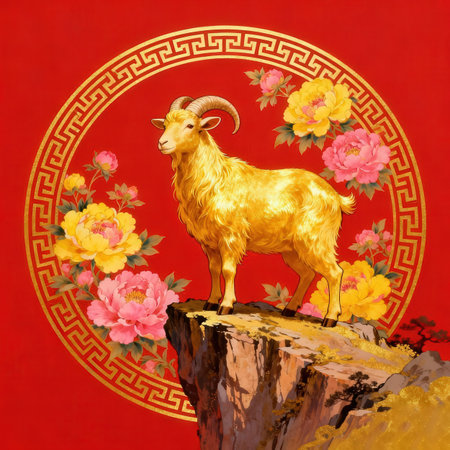 Chinese zodiac sign Goat, year of the goat, red backgroundの素材