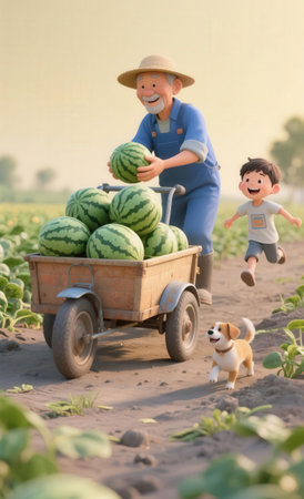 Farmer with his son and a dog on the field of watermelonsの素材