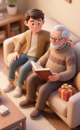 Father and son reading book together on sofa in living room at homeの素材