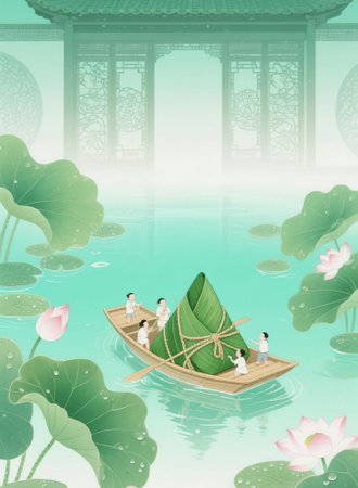 Chinese zongzi, zongzi, traditional bamboo boat and lotus flowersの素材