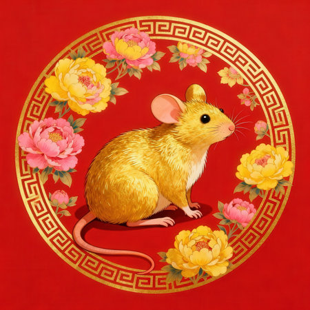 Happy Chinese New Year 2020 year of the rat. Chinese characters mean Happy New Year, wealthy.の素材