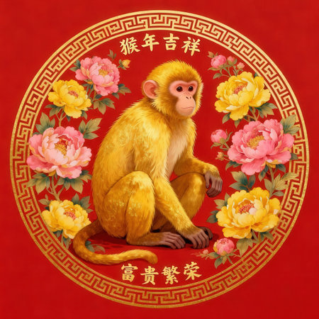 Chinese New Year greeting card. Monkey sitting on a branch of peoniesの素材