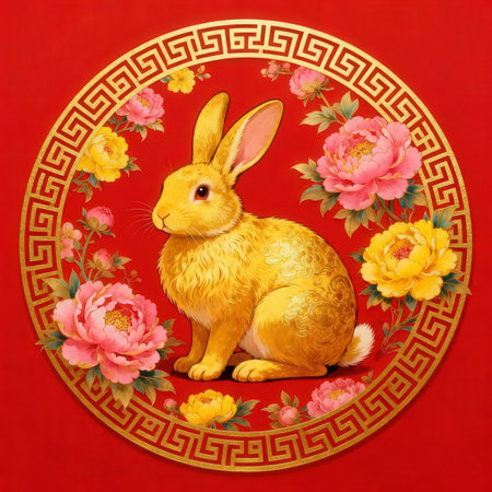 Rabbit and flowers in chinese style on a red background.の素材