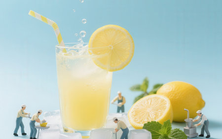 Lemon juice with ice and miniature people on the blue background.の素材