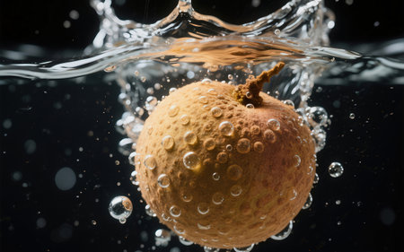 Fresh orange falling into water with bubbles on black background, close upの素材