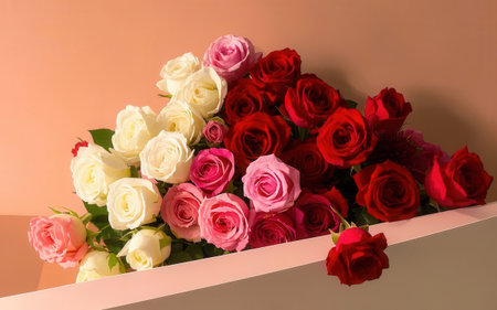 bouquet of red and white roses in vase on shelfの素材