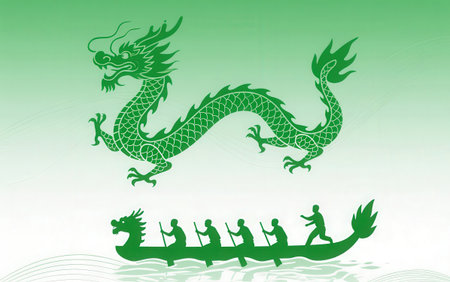 Dragon boat racing on the water. Vector illustration. Green background.の素材