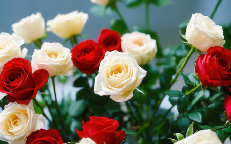 Beautiful red and white roses in a vase on the tableの素材