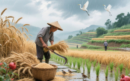 Farmer working on rice field in the rainy season, Vietnam.の素材