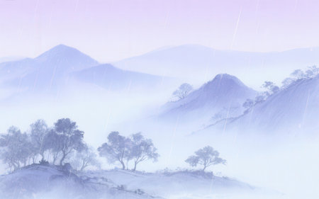 Beautiful winter landscape with fog and mountains in the background, Thailand.の素材