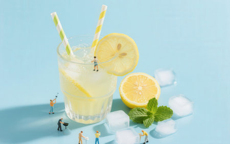 Miniature people : Refreshing lemonade with ice on blue backgroundの素材