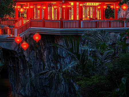 Beautiful night view of a Chinese style building with red lanternsの素材
