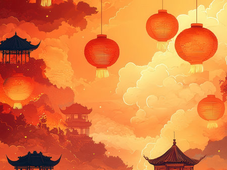 Chinese lanterns on the background of the old city. Vector illustrationの素材