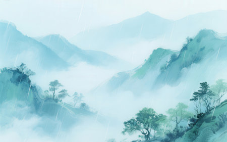 Digital painting of mountain landscape with trees and fog in blue tone.の素材