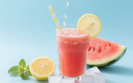 Watermelon smoothie with lemon, mint and ice on blue backgroundの素材