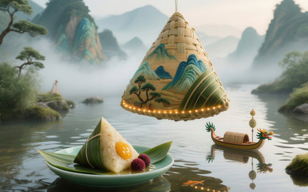 Dragon Boat Festival rice dumpling and rice dumpling in the morning mistの素材