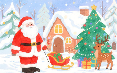 Hand drawn watercolor illustration of Santa Claus with gifts and reindeerの素材