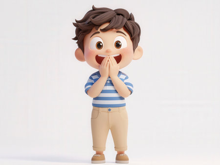 3d rendering of a cute little boy with a surprised expression.の素材