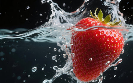 Strawberry falling into water with splash and bubbles on black backgroundの素材