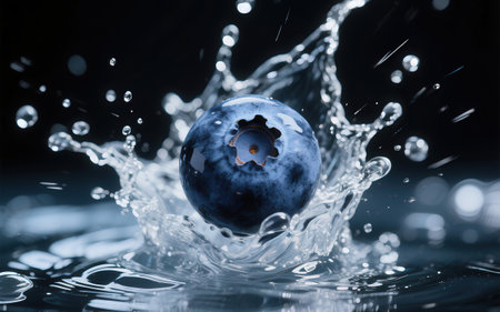 Blueberry in water splashes on black background. 3d illustrationの素材