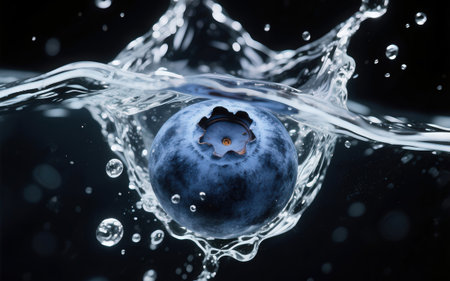 Blueberry in water with bubbles on black background. 3d illustrationの素材