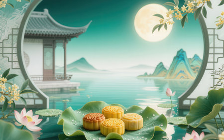 Mooncake on the lotus leaf with full moon background,3d renderingの素材