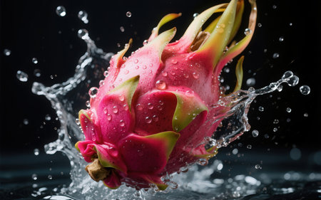 dragon fruit in water splash, isolated on black background, clipping pathの素材