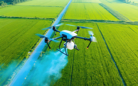 Drone with digital camera flying over green field. Aerial view.の素材