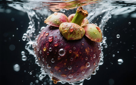 mangosteen falling into water with splash on black background.の素材
